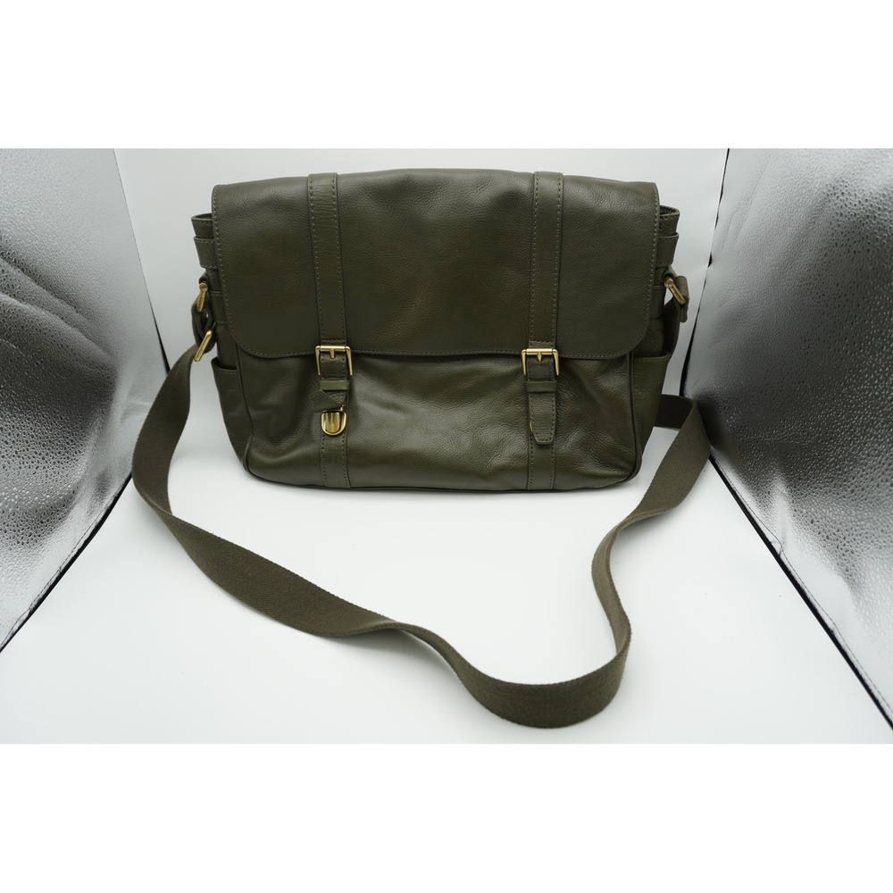 Fossil Olive Green Pebbled Leather Messenger Crossbody Bag Brass Hardware